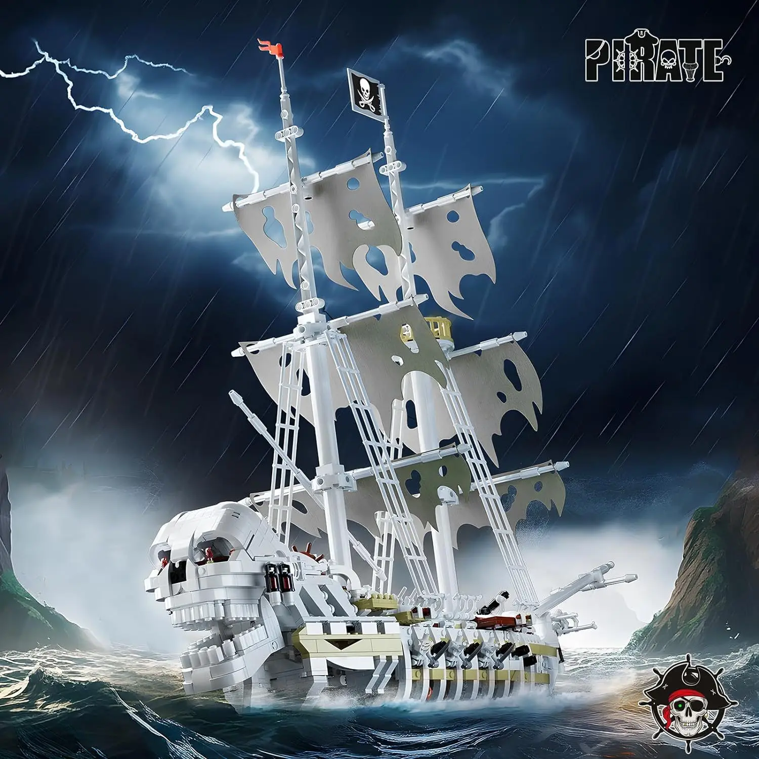 

MOC Skull Pirate Skeleton Ship Building Blocks Set Storm Ghost Boat Deep Sea Sailboat DIY Toy For Children Birthday Holiday Gift