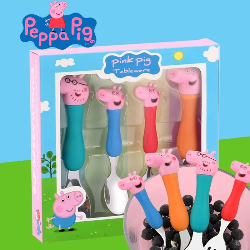 Peppa Pig Tableware Fork Spoon Action Doll Toy George Pig Dad Mom Cartoon Anime Pattern Party Toy Gifts for Boys and Girls