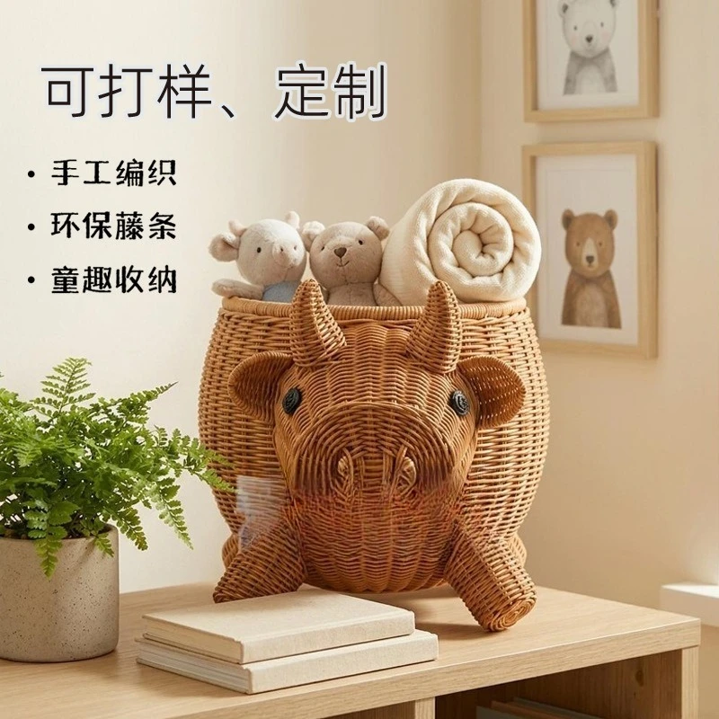 Eco-friendly Rattan Organizer, Custom Hand Weaving, Creative Cow Design for Home Decoration & Toy Storage
