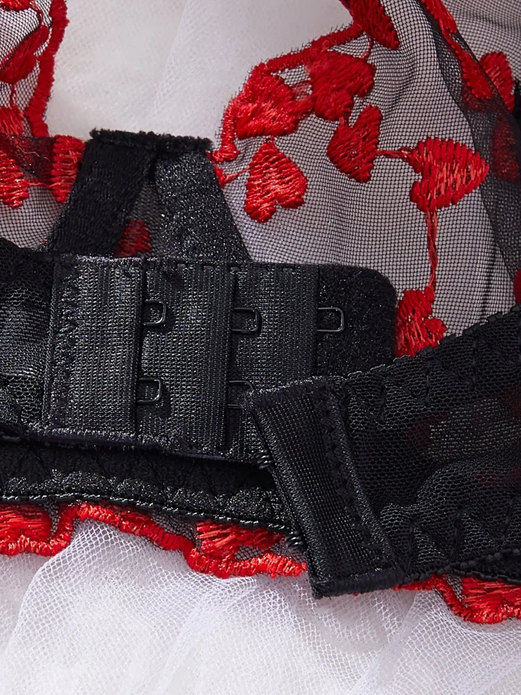 Sexy Lingerie Female Heart Embroidery Lingerie Set See Through Mesh Underwear Valentine's Day Romantic Intimate Fantasy Bra Set