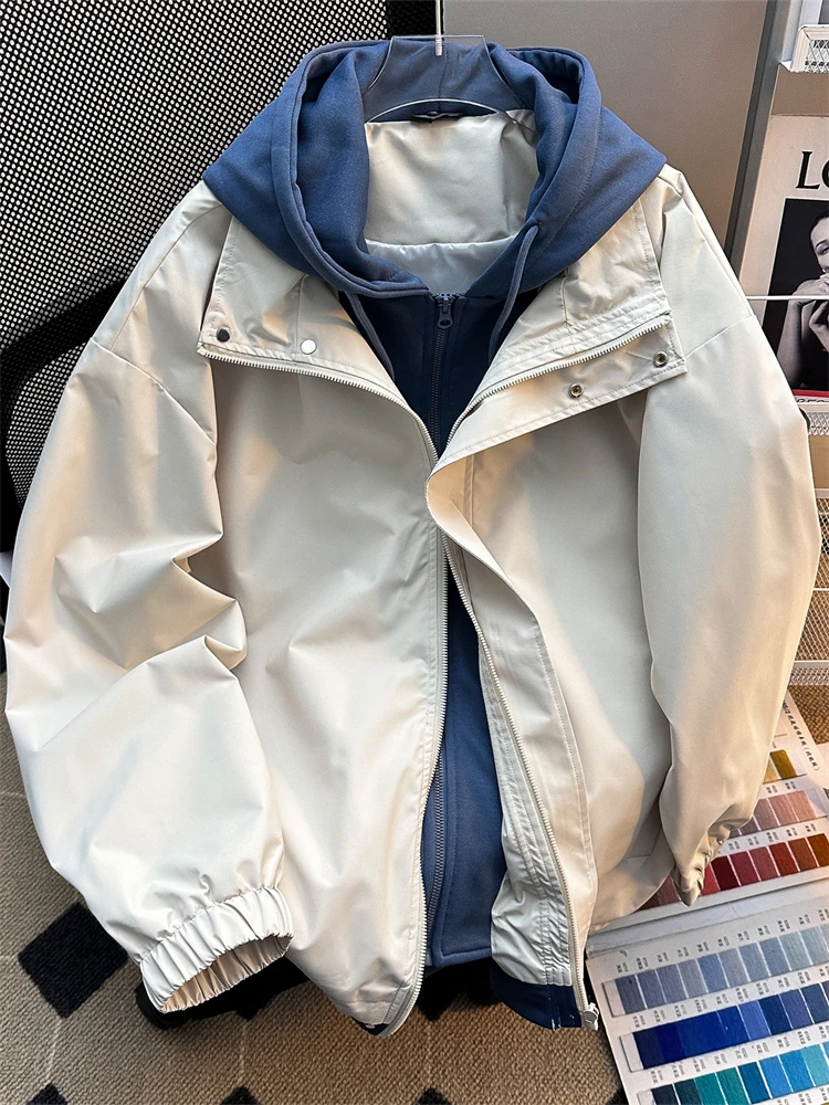 Casual Fake Two-Piece Jacket for Men Spring Clothing Hoodie Trendy Brand Top Spring Fashion Long Sleeve Regular Fit Jacket