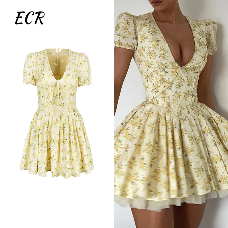 

ECR Hit Color Printing Slimming Mini A Line Dresses For Women V Neck Short High Waist Spliced Lace Up Sexy Dress Female Fashion