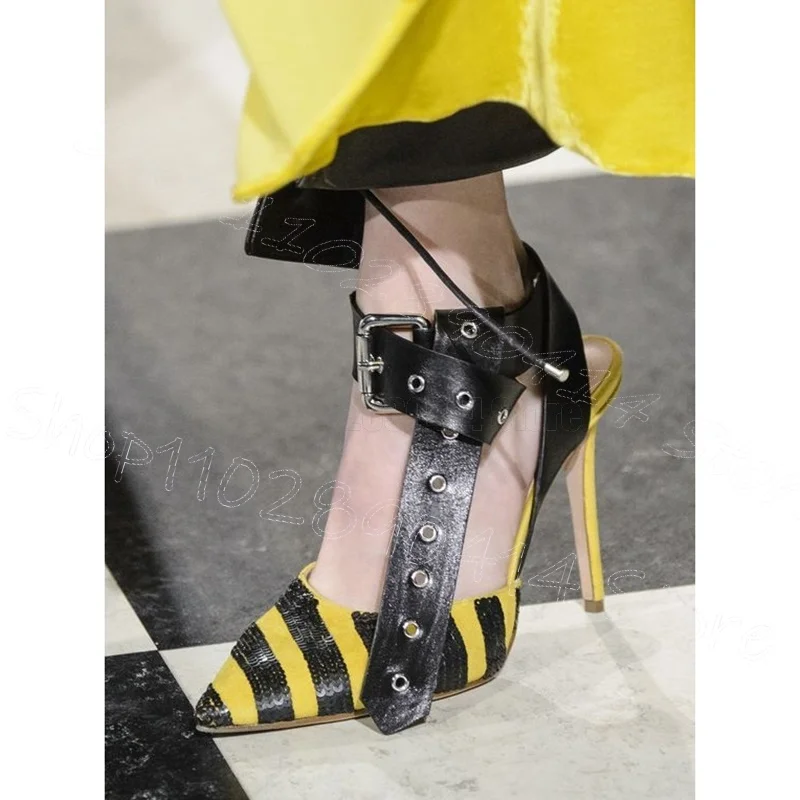 

Sequins Stripe Design Belt Fastener Runway Pumps Buckle Strap Women Shoes Thin High Heels Party Dating 2026 Zapatos Para Mujere
