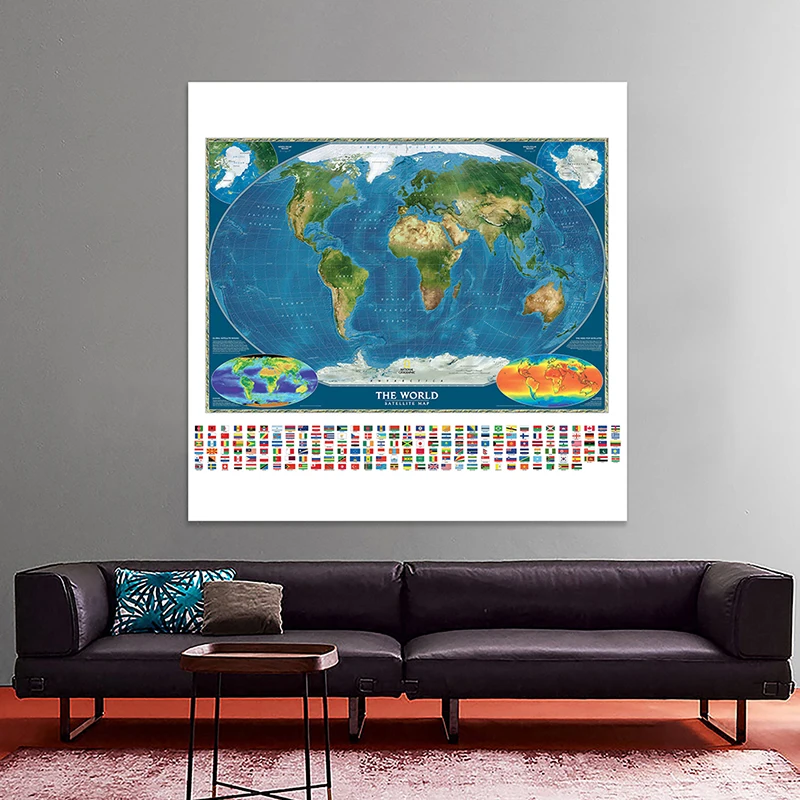 

150X150cm Non-woven Spray World Map The World Satellite Map with Country Flag and Surface Temperature Map