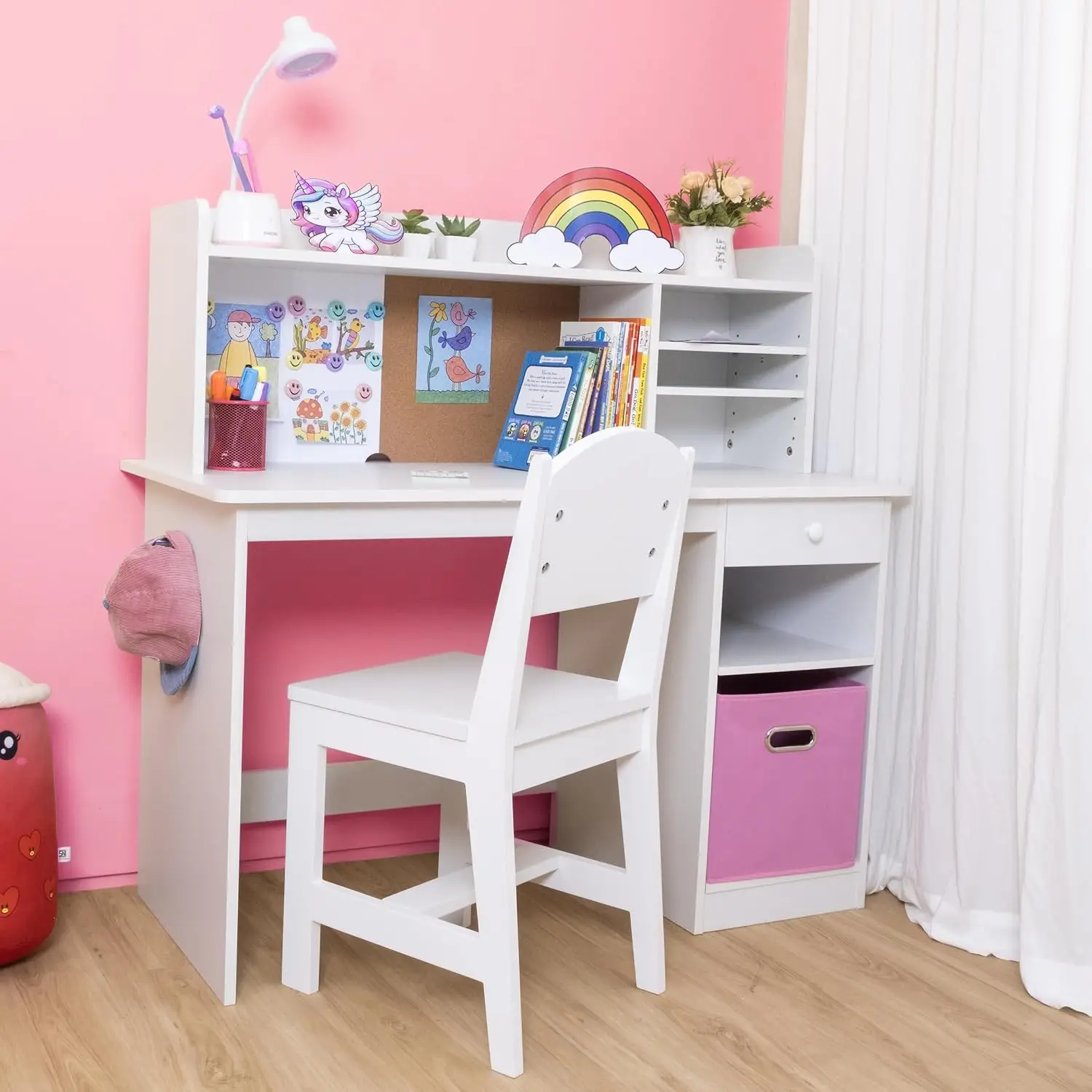 Kids Wooden Desk and Chair Set with Hutch and Storage, Solid Hardwood Study Table for Girls and Boys Ages 5-12, Children's