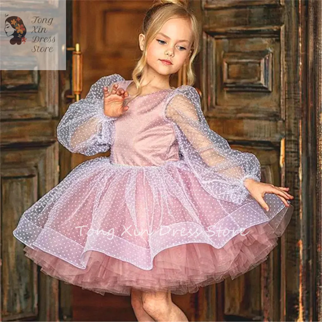 Kids Surprise Birthday Present Long Sleeved Fluffy Tulle Lace Lovely Flower Girl Dress Princess Ball First Communion Dresses