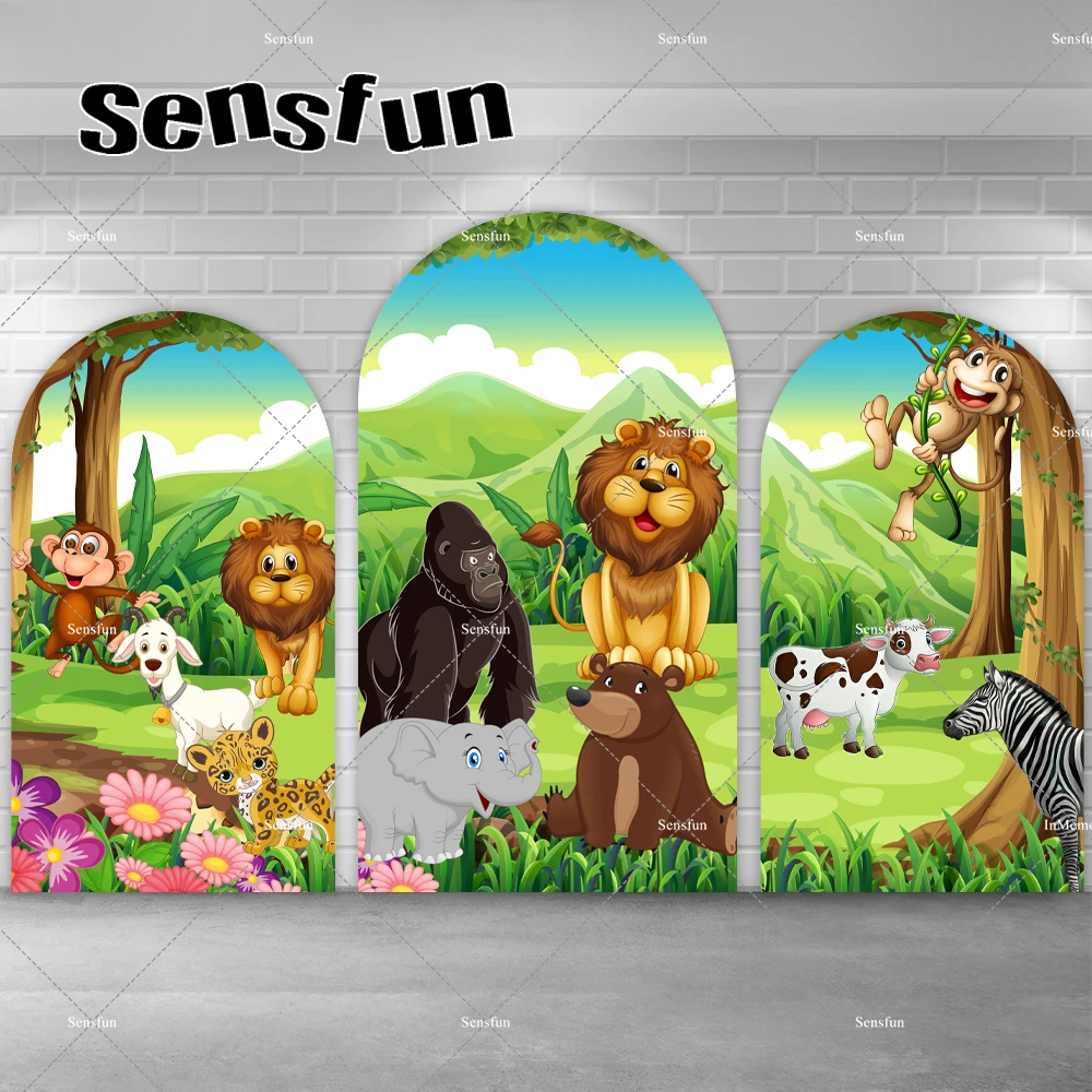 

Cartoon Animals Boys Safari Jungle Birthday Party Arch Backdrop Forest Lion Zebra Elephant Wild One Chiara Wall Background