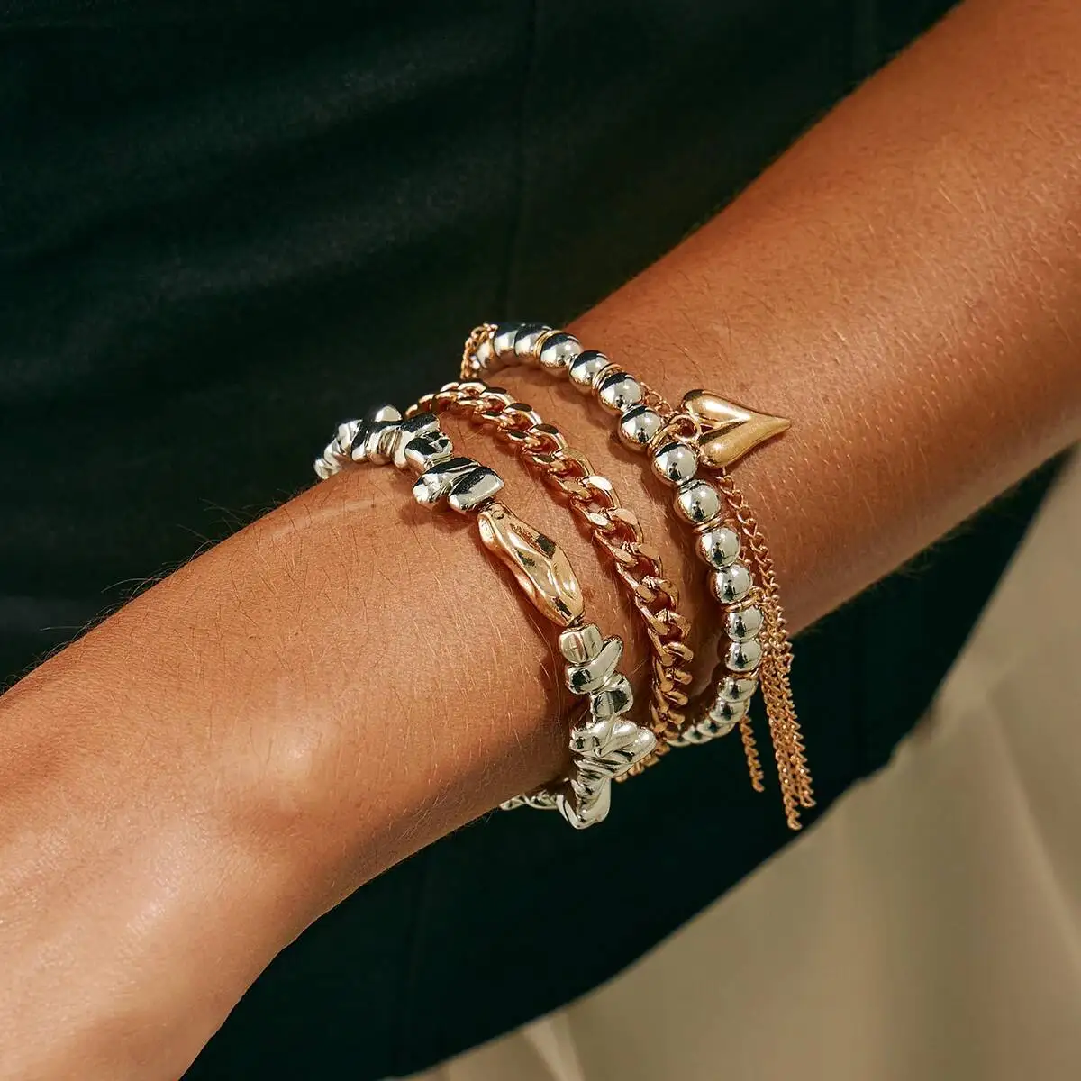 

3Pcs/Set Trend Triangle Peach Heart Tassel Pendant Bracelets Women Adjustable Bead Metal Chain Wedding Bridal Jewelry