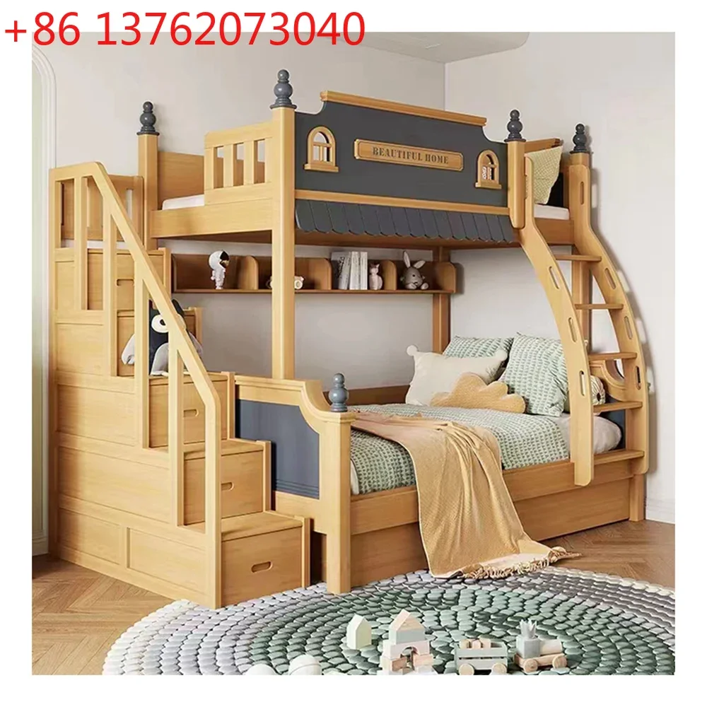 Castle bed kids with stairs children wooden double house bed frame kids modern design  kids boy house bunk bed for children