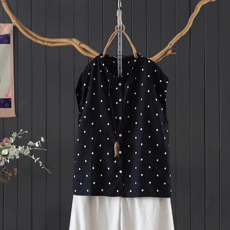 المرأة عادية قميص كتان جديد وصول 2025 الصيف خمر نمط س الرقبة البولكا نقطة فضفاضة الإناث بلا أكمام بلايز قمصان M1712 #3