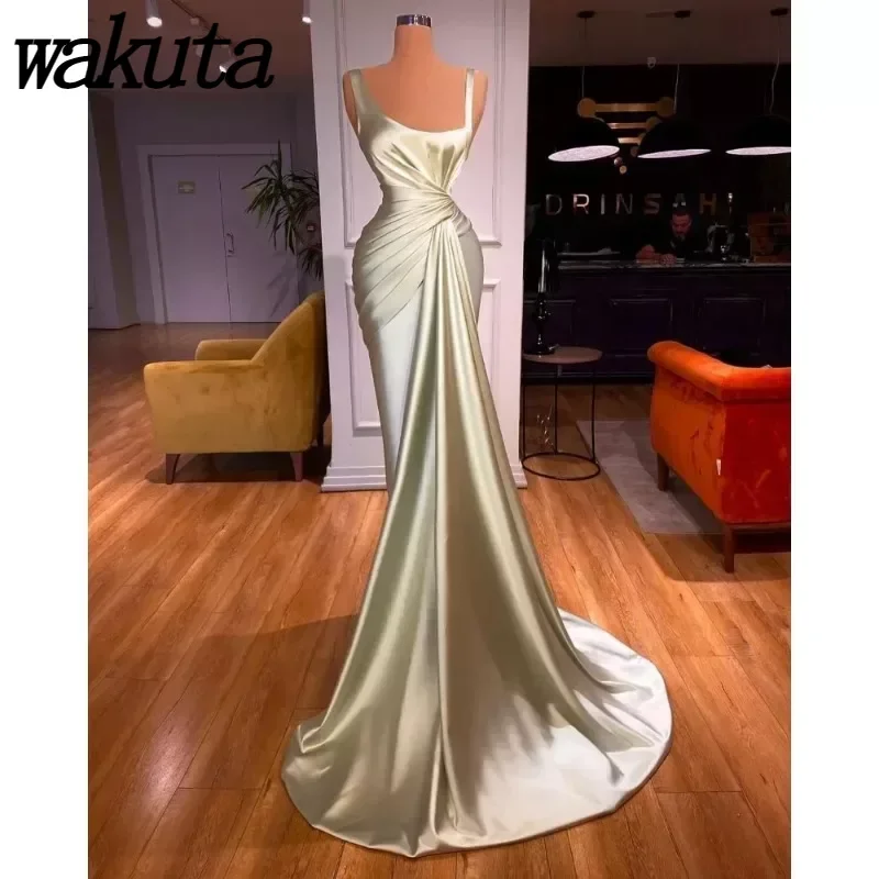 Wakuta-Vestido largo de satén con tirantes finos para dama de honor, traje de noche Formal para mujer