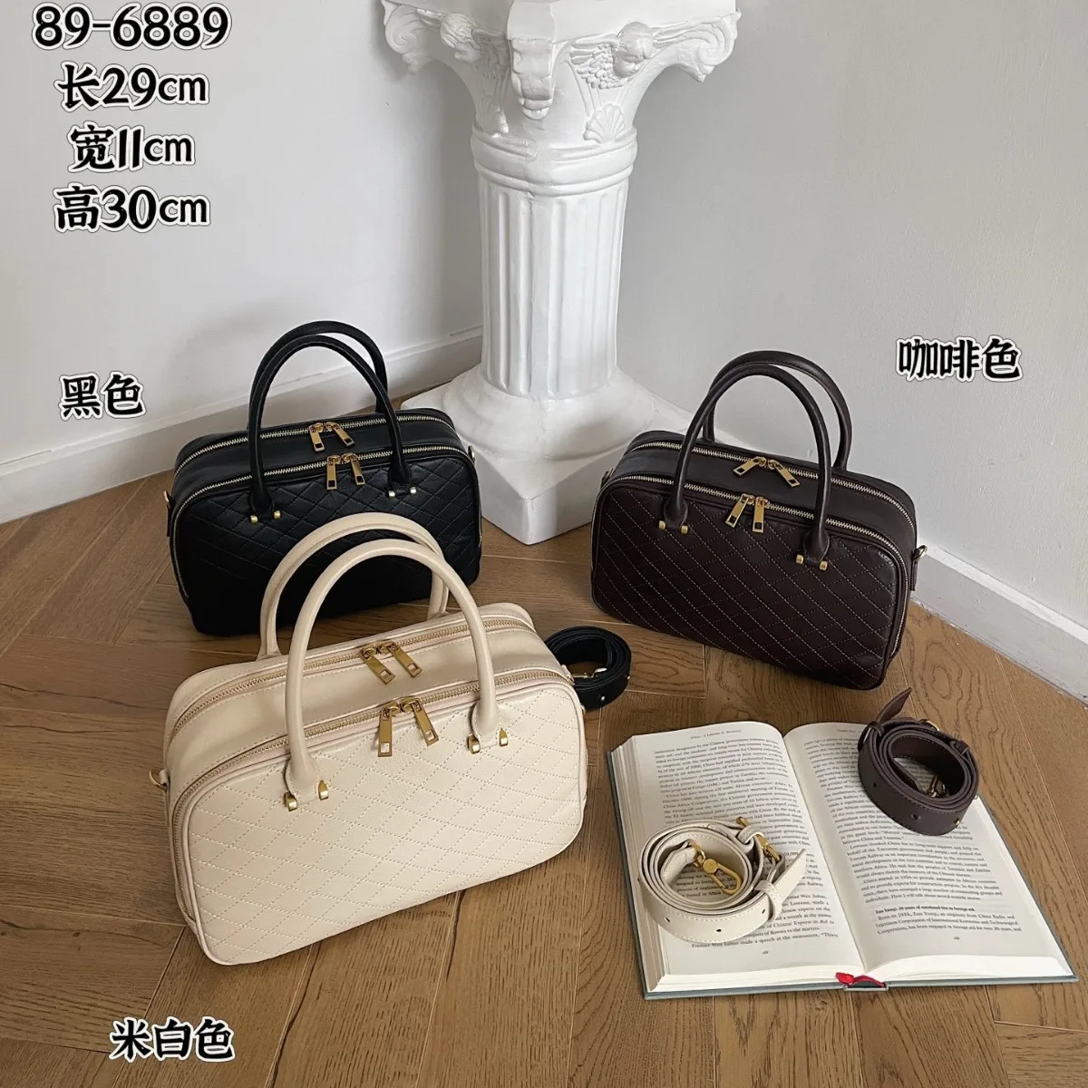 

New First-layer Cowhide Large-capacity Boston Bowling Bag, Diamond Leather High-end Shoulder Portable Messenger Bag