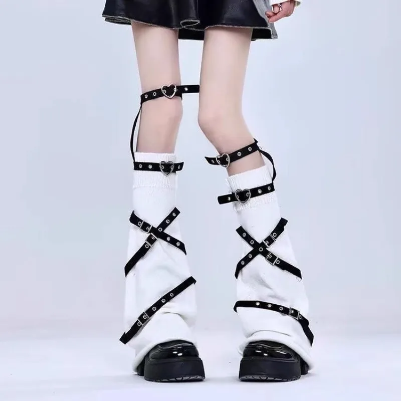 Subculture Y2k Heavy Industry Love Metal Leather Buckle Solid Color Thin Leg Warmer Dark Punk Leg Ring Cross Knee Socks Cover