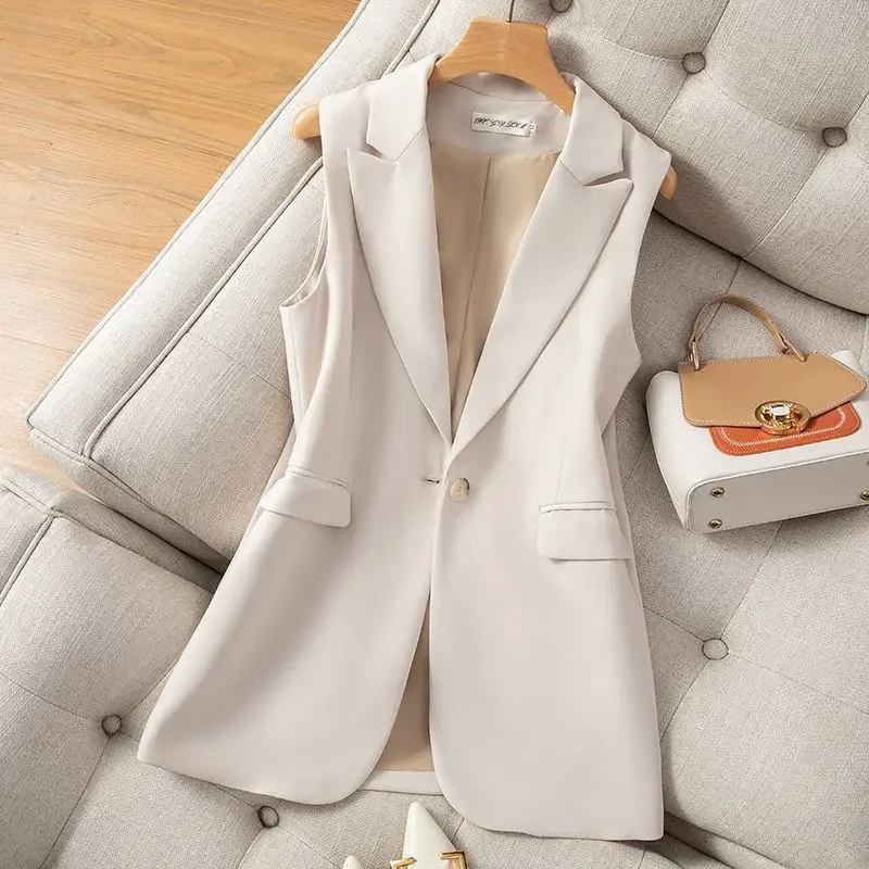 Office Lady Casual Vest Women Classic Loose Black Pocket Waistcoat Woman Elegant Slim Sleeveless Outerwear Chic Veste Femme E33
