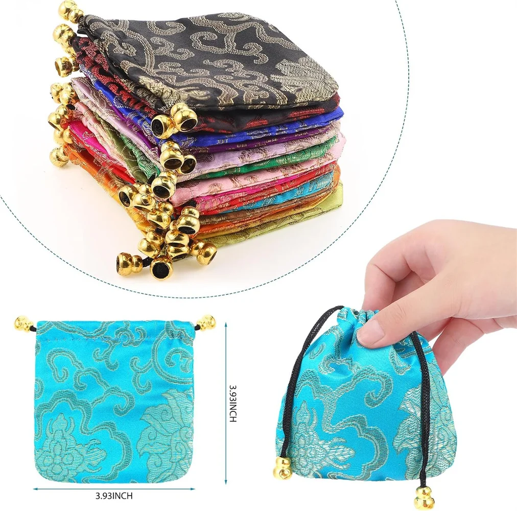 60 Pcs Silk Jewelry Pouch Bulk Embroidered Drawstring Pouch Bag Small Chinese Coin Purse Pouch Gift Bag Brocade Jewelry Asian Po