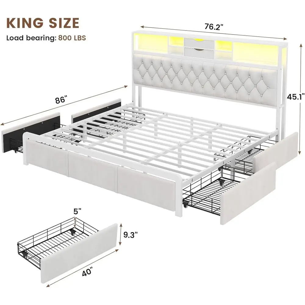 King Size Velvet Bed Frame with 4 Drawers, LED Lights, Charging Station, Beige image 2