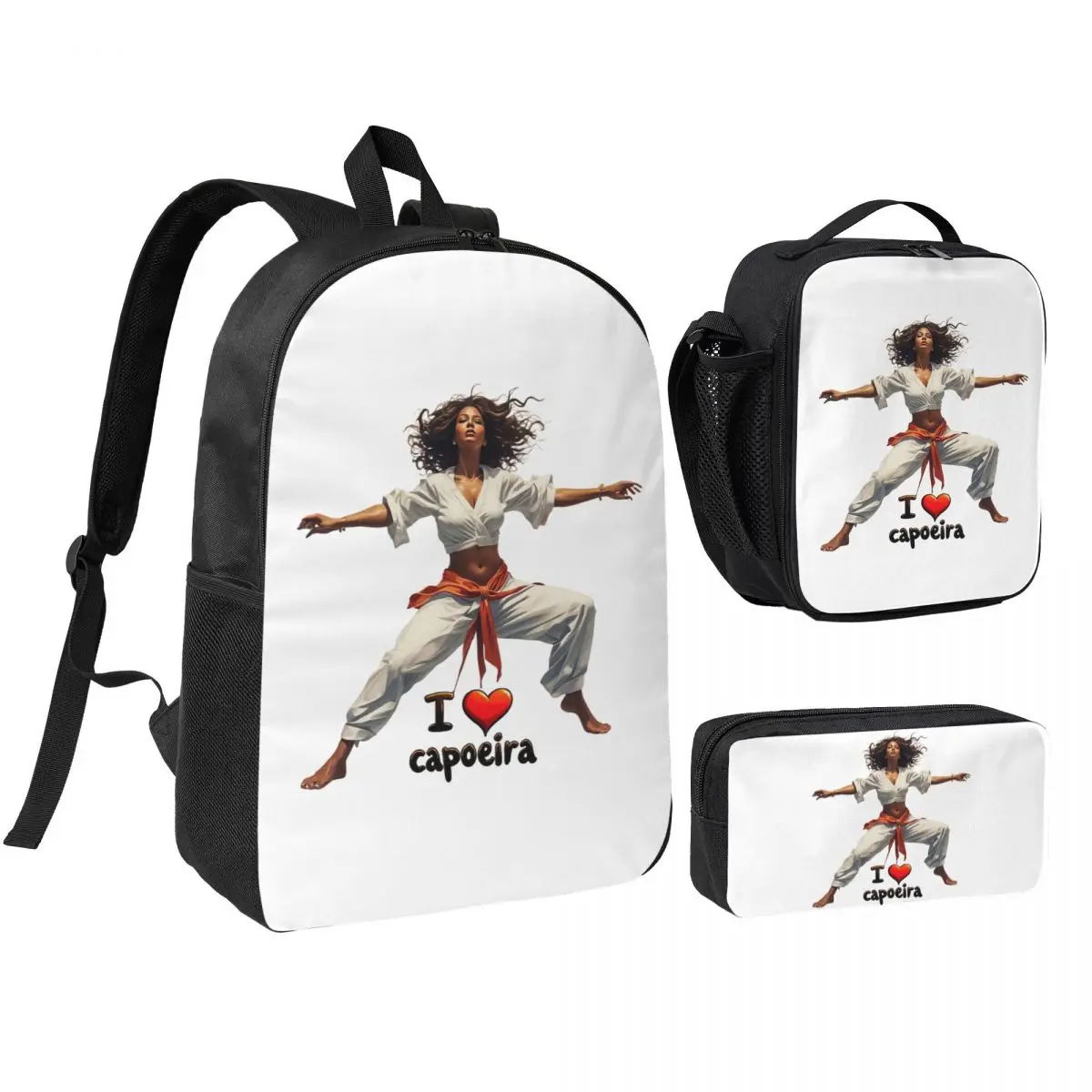 Mochila Escolar com Design de Arte Dinâmica de Capoeira 'Eu Amo Capoeira', Bolsas de Ombro, 3 Peças: Lancheira Térmica e Estojo para Lápis