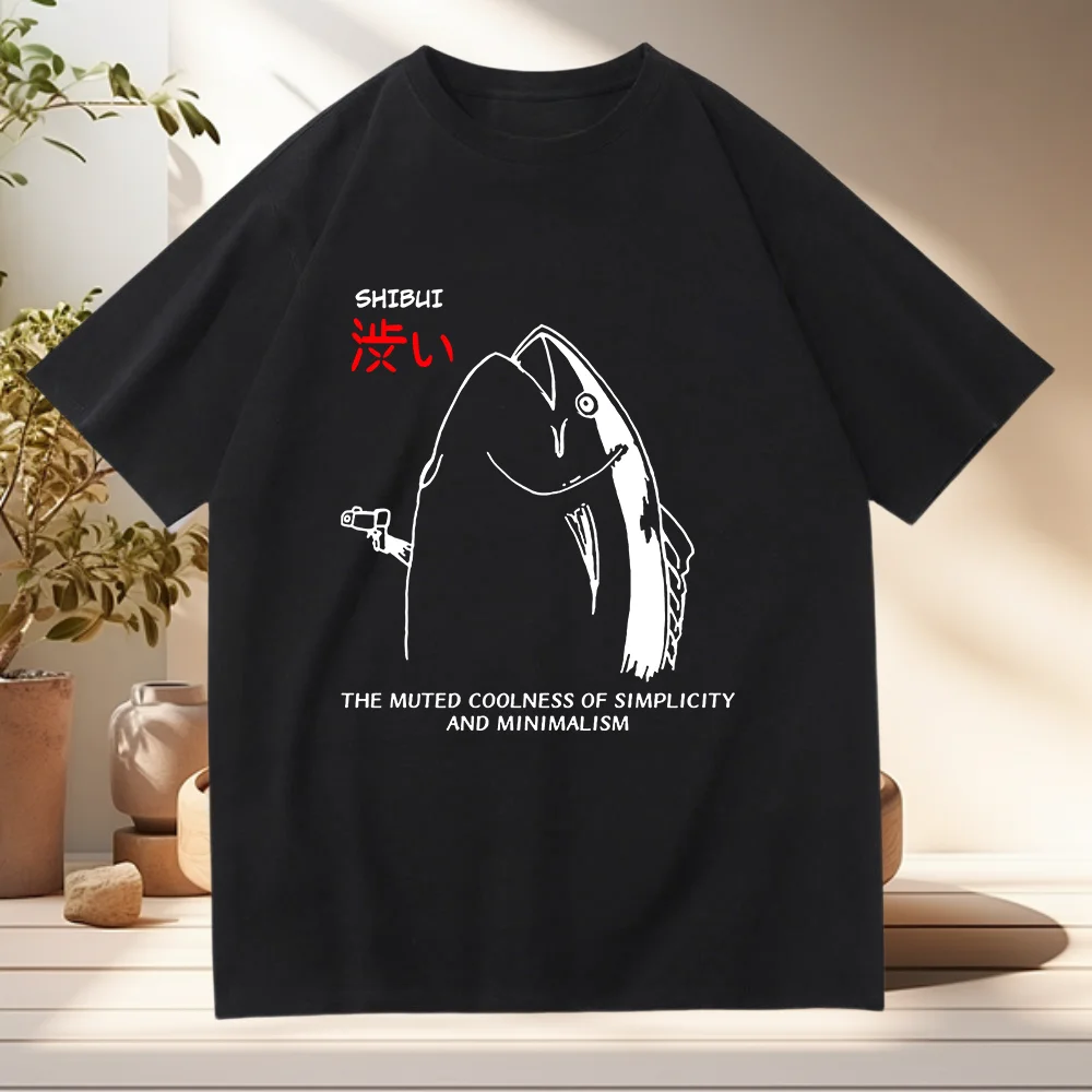 

Funny Japanese Fish with Gun Tshirt 2025 Men/women Clothing Harajuku Kawaii Clothes Summer Tops Unisex Cotton Graphic T Shirts