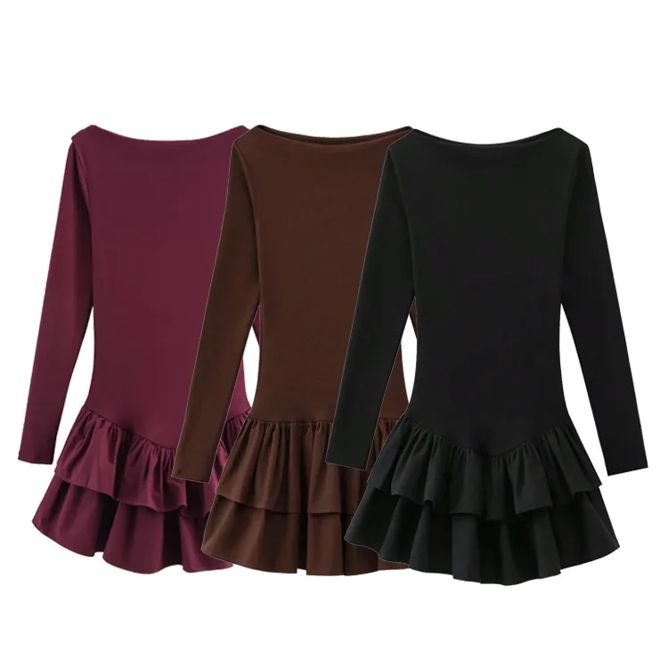 Feminino primavera manga comprida em camadas pulôver decorativo cor sólida mini saia vestido curto