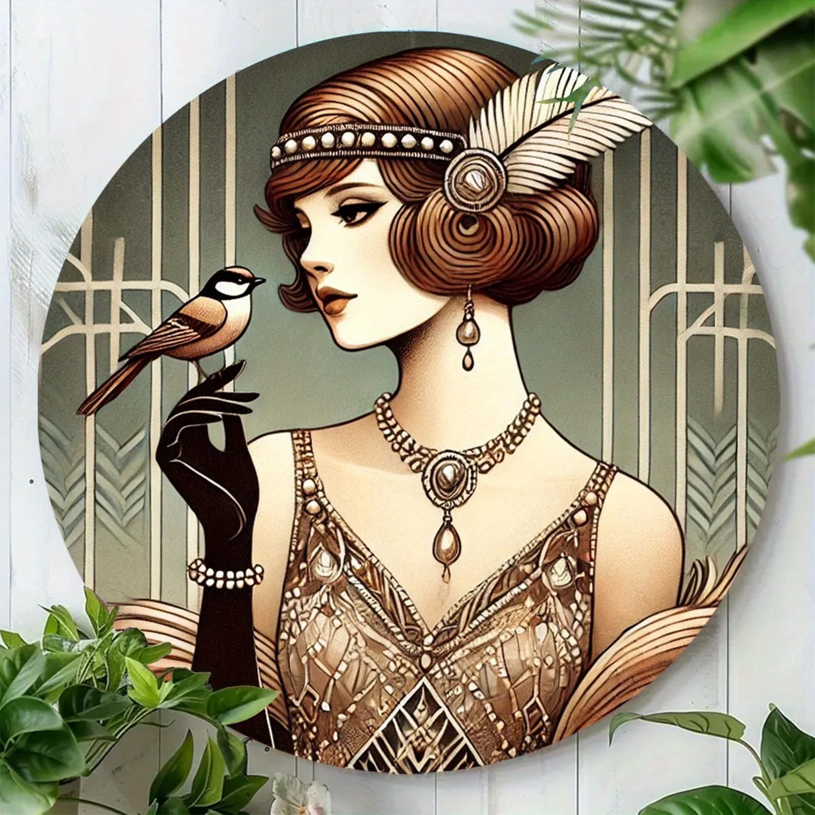 2D Flat, 1pc 2D Flat Print Metal Iron Sign1pcs Great Gatsby Flapper Jazz Age Wall Art, 7.8inch Vintage Style Decorative Round Si