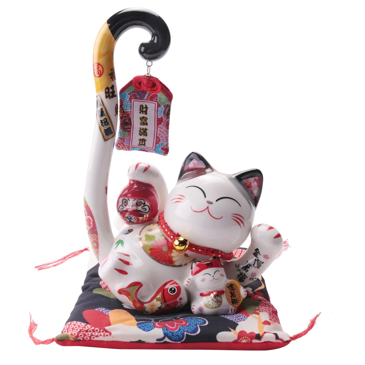 8.6 Inch Ceramic Maneki Money Box Coin Bank Japanese Long Tail Fortune Cat Feng Shui Home Decor ,A