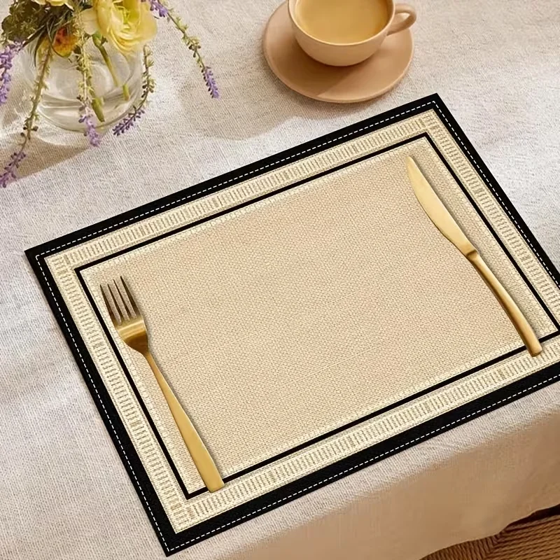 Minimalist Beige Double Black Border Placemats Solid Neutral Linen Texture Table Mats Modern Rustic Daily Dining Table