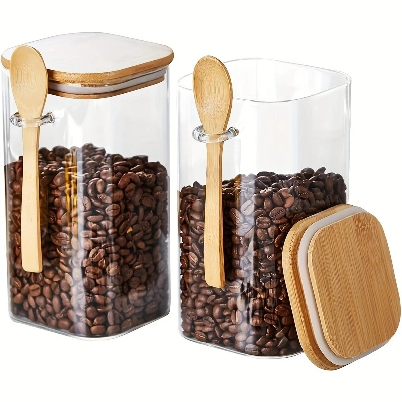 2/4Pcs 540ml Square Sealed Jars with Spoon Lids, Glass Canisters, High Borosilicate Glass Products, Transparent Glass Tea Jars with Bamboo Lids,