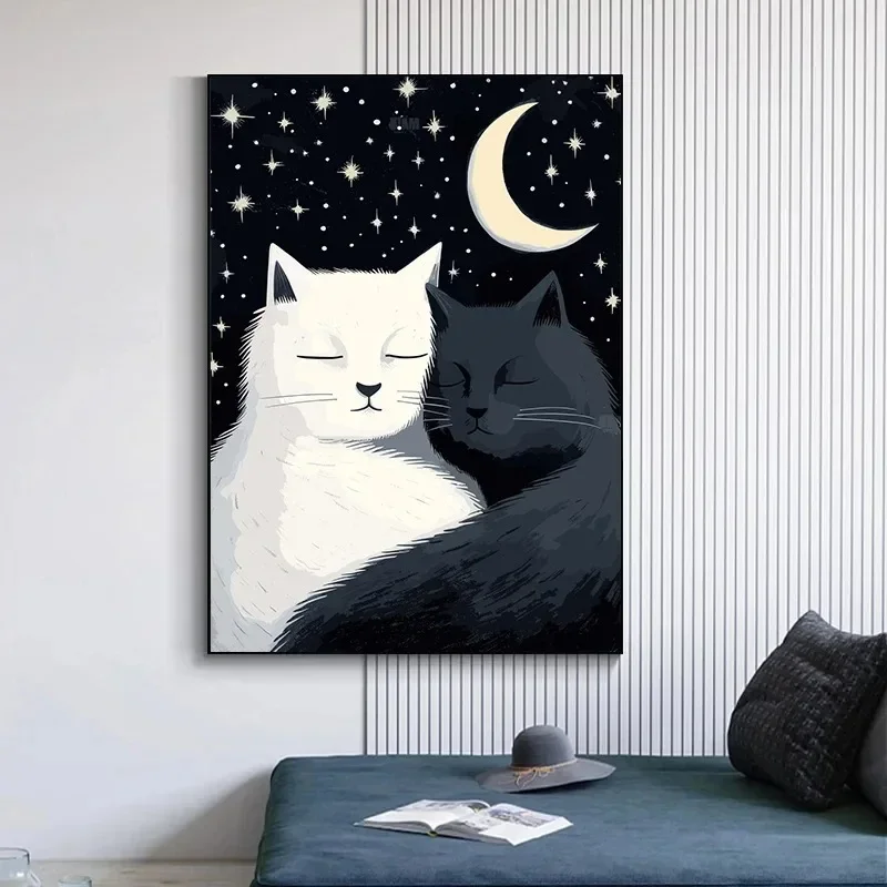 The Moon Poster and Prints Lovely Black and White Cats Embrace Under Canvas Printing Wall Art Picture for Living Room Home Decor