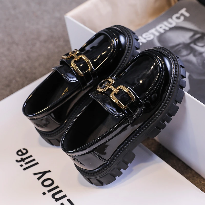 Black Girls Leather Shoes Round Toe Set Anklet Button Girls Leather Shoes PU Spring Outdoor Casual Shoes Sandalias De Mujer