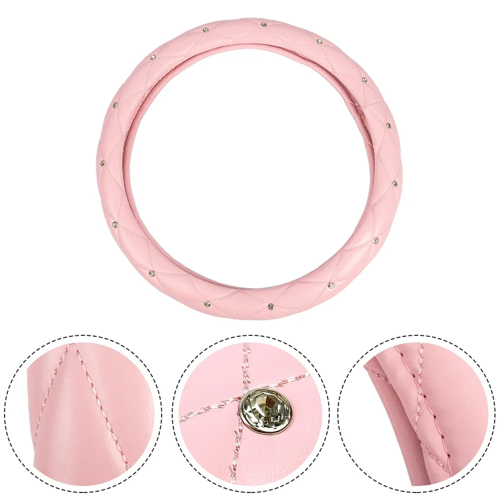 1pc Pink Car Steering Wheel Cover 38cm/15Inch PU Leather Bling W/ Rhinestone Decor Exquisite Workmanship & Delicate Fashion