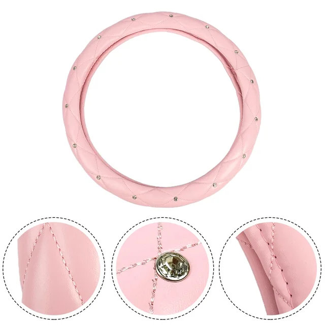 1 szt. Różowy pokrowiec na kierownicę samochodu 38 cm/15 cali PU skóra Bling z dekoracją ze strasami wykwintne wykonanie i delikatna moda