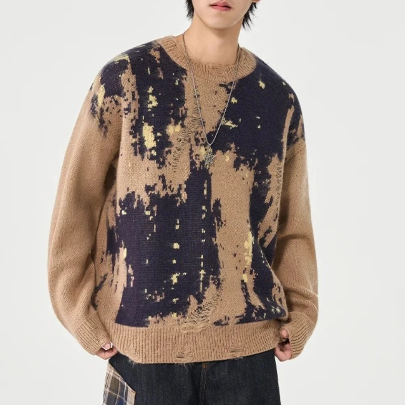 

New Men's Korean Style O Neck Sweater Light Luxury Knitted Long Sleeve Pullover Casual Print Striped Streetwear Leisure Knitwear
