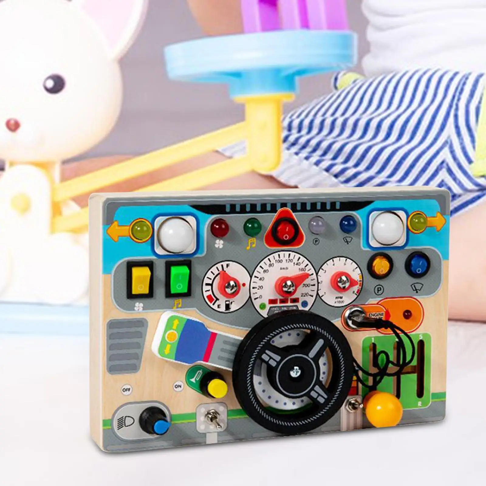 Wood Steering Wheel Toy Simulated Educational with Light Switch Switch Board Busy Board for Activities Kids Preschool Boys Girls