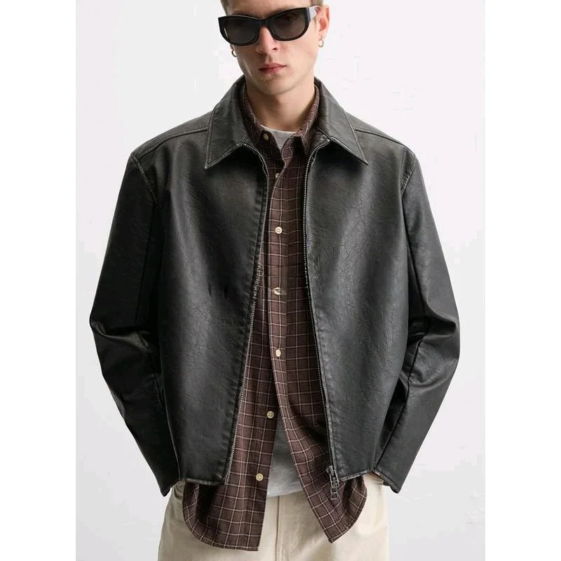 

Spring New Arrival Men's Loose Fit Waed Faux Leather ort Jaet Zipper Coat Youth Trendy Spring Autumn Outerwear