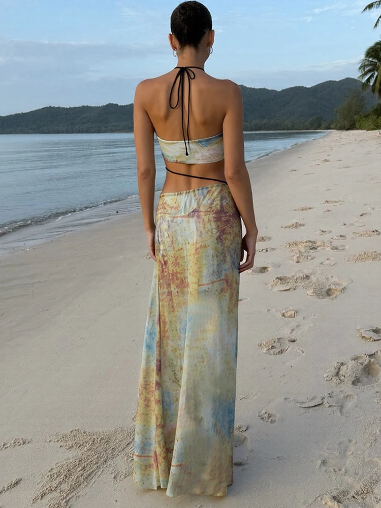 Kliou Summer Women Mid-Calf Sexy Mesh Dress K24D46937 Girl Print Halter Cut Out Side Spilt Vestido One Piece Robe Attirewear