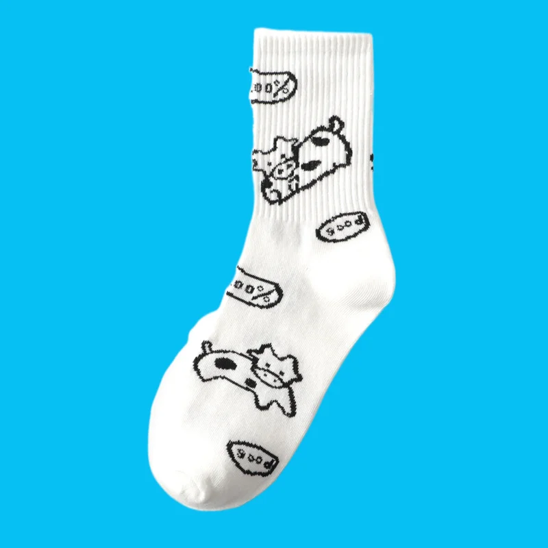 3/6 Pairs Women's Mid-tube Socks ins Trendy Cow Spots Pink College Style Japanese Korean High-tube Black and White Cotton Socks