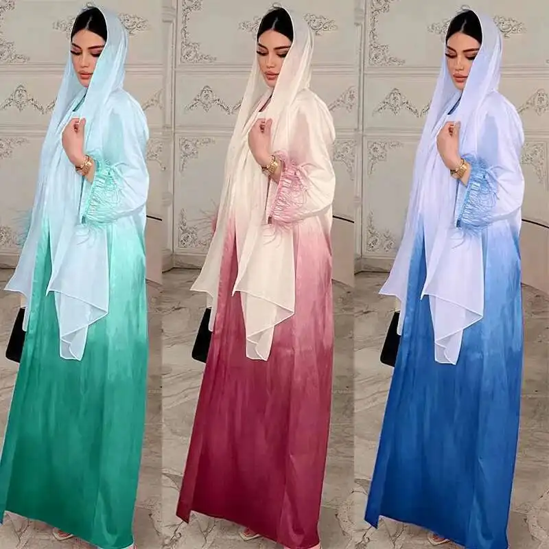 

Mq060 Dubai Malaysia Solid Color Gradient Fashion Feather Abaya Two Piece Dress Robe Abaya Ramadan Dubai Luxury Islam Elegant