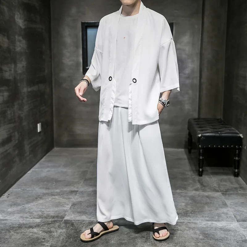 

Summer Loose Fitting Kimono Cropped Pants Two-Piece Set Traditional Japanese Cardigan Plus Size 5XL Samurai Clothing Streetwear