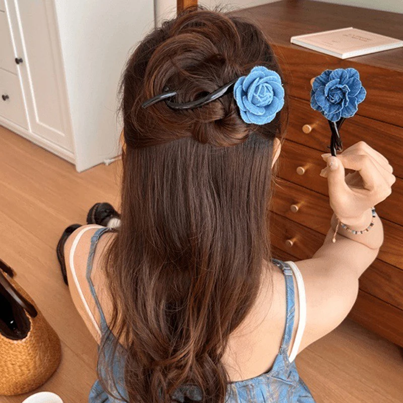 Blue Denim Flower Horizontal Clip Sweet Cool Headwear Twist Clip Rubber String Girl Clip Button Hairstyling Accessories