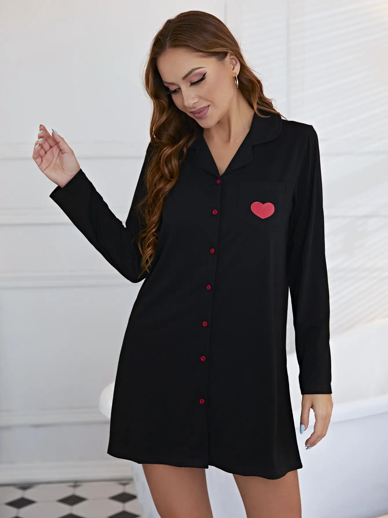 Heart Print Women's Pajamas Dress Front Button Down Black Sleepwear Notched Collar Nightgown Long Sleeve Nightwear Homewaer Suit