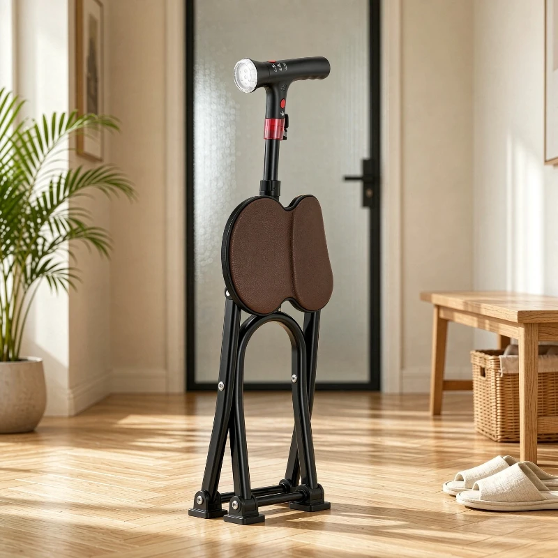 Folding Walking Cane with Seat for Seniors, Lightweight Aluminum 4 Leg Support Base, Soft Padded Stool and Built In Light