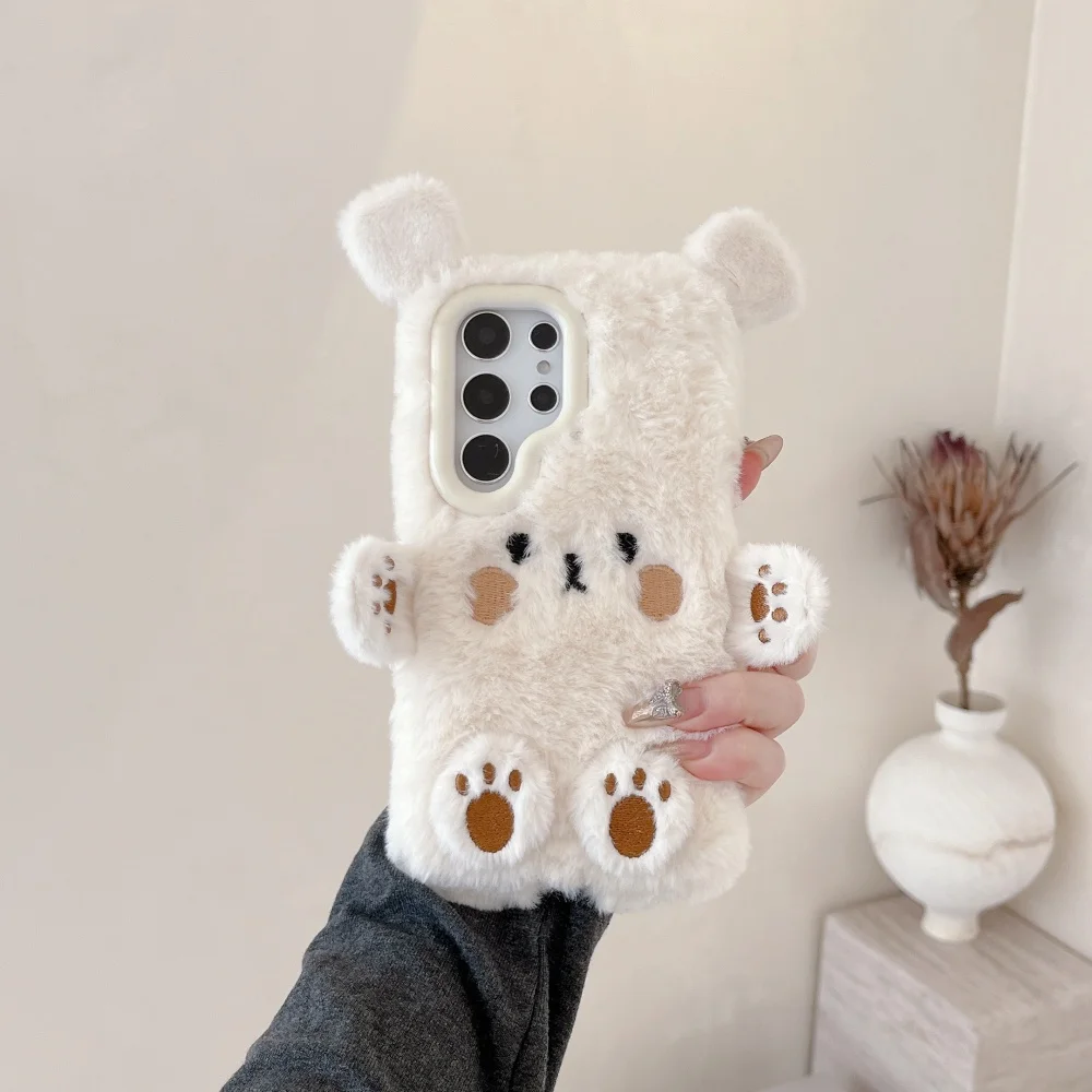 حافظة هاتف محمول لهاتف سامسونج جالاكسي S24 الترا حافظة 5G S23 S25 Plus قطيفة لطيفة قطيفة الدب الأصفر الفتيات هدية غطاء من الفرو المنفوش