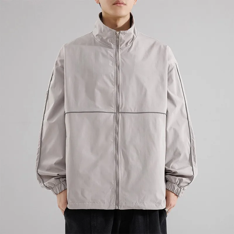 

Однотонная куртка-кардиган на молнии с высоким воротником, мужская свободная повседневная рабочая одежда, лоскутная куртка, модный топ