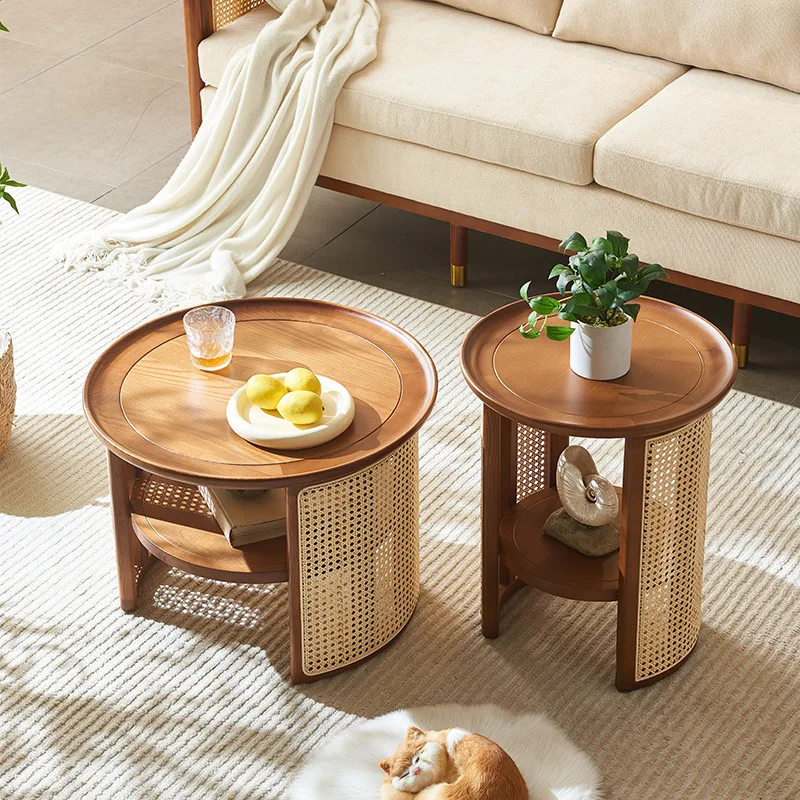 Nordic round coffee table size high and low combination wabi-sabi wind retro solid wood rattan round edge few Japanese-style sma