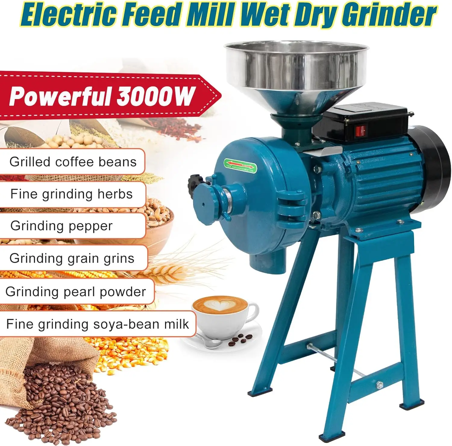 Mills, 3000W Wet Dry Cereals Grinder Electric Grain Grinder Corn Mill Heavy Duty 110V Commercial Grain Grinder Machine Ric