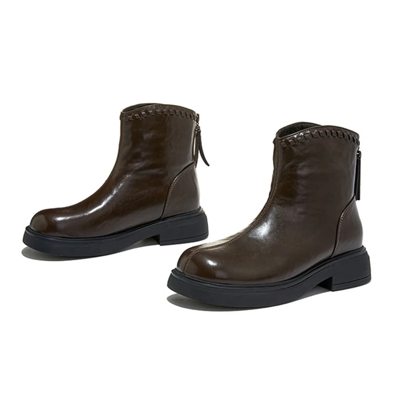 2025 جديد المرأة حذاء من الجلد و أحذية بوت قصيرة جولة تو عدم الانزلاق النساء الأحذية حجم كبير المنسوجة ريترو ستايل الإناث دراجة نارية الأحذية