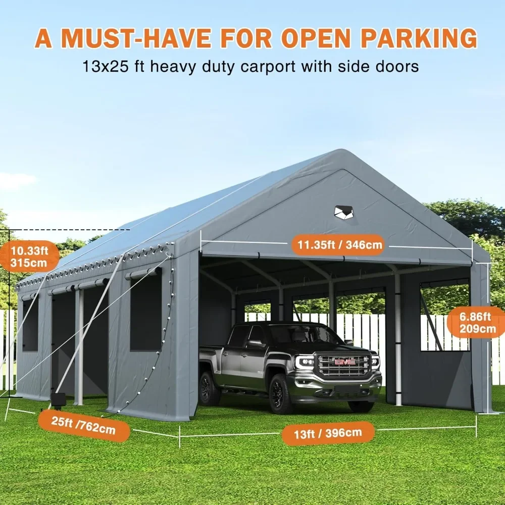 

Carports 13X25 Heavy Duty，Portable Car Port Garage，Carport Canopy with Side Doors，Outdoor Car Shelter All Weather