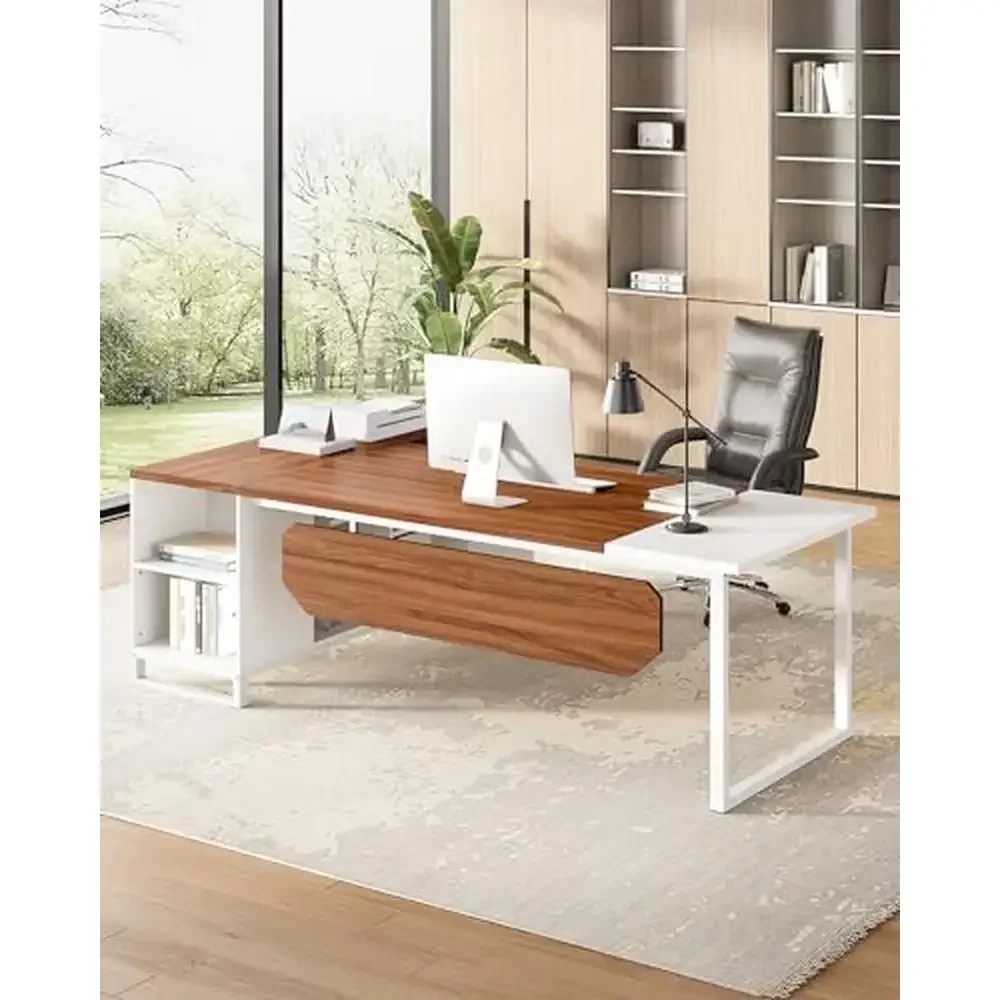 Combinação de mesa executiva em forma de L com armário de arquivo Design moderno Estação de trabalho espaçosa e prateleiras de armazenamento Acabamento nogueira/branco