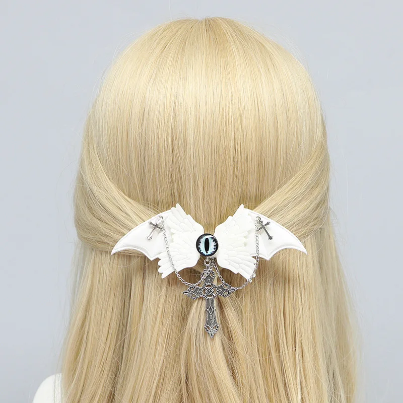 2024 New Arrival White Black Angel Devil Hair Clip Eyes Sub-culture Gothic Dark Headgear Halloween Girls Side Clip