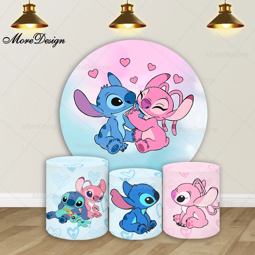 Disney Stitch Photo Backdrop Child Birthday Party Baby Shower Cute Angel Round and Cylinder Covers Fabric Photography Background